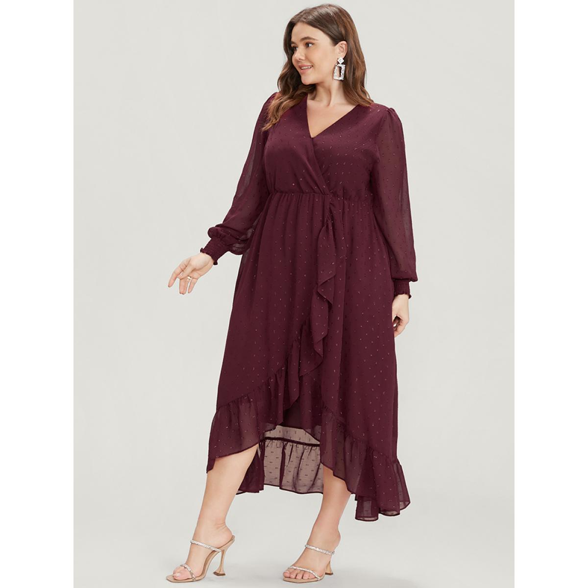 Plus Size Solid Glitter Mesh Lantern Sleeve Shirred Wrap Flutter Hem Dress Burgundy Women Glamour Asymmetrical V-neck Long Sleeve Curvy Midi Dress BloomChic 26/4X Product Image