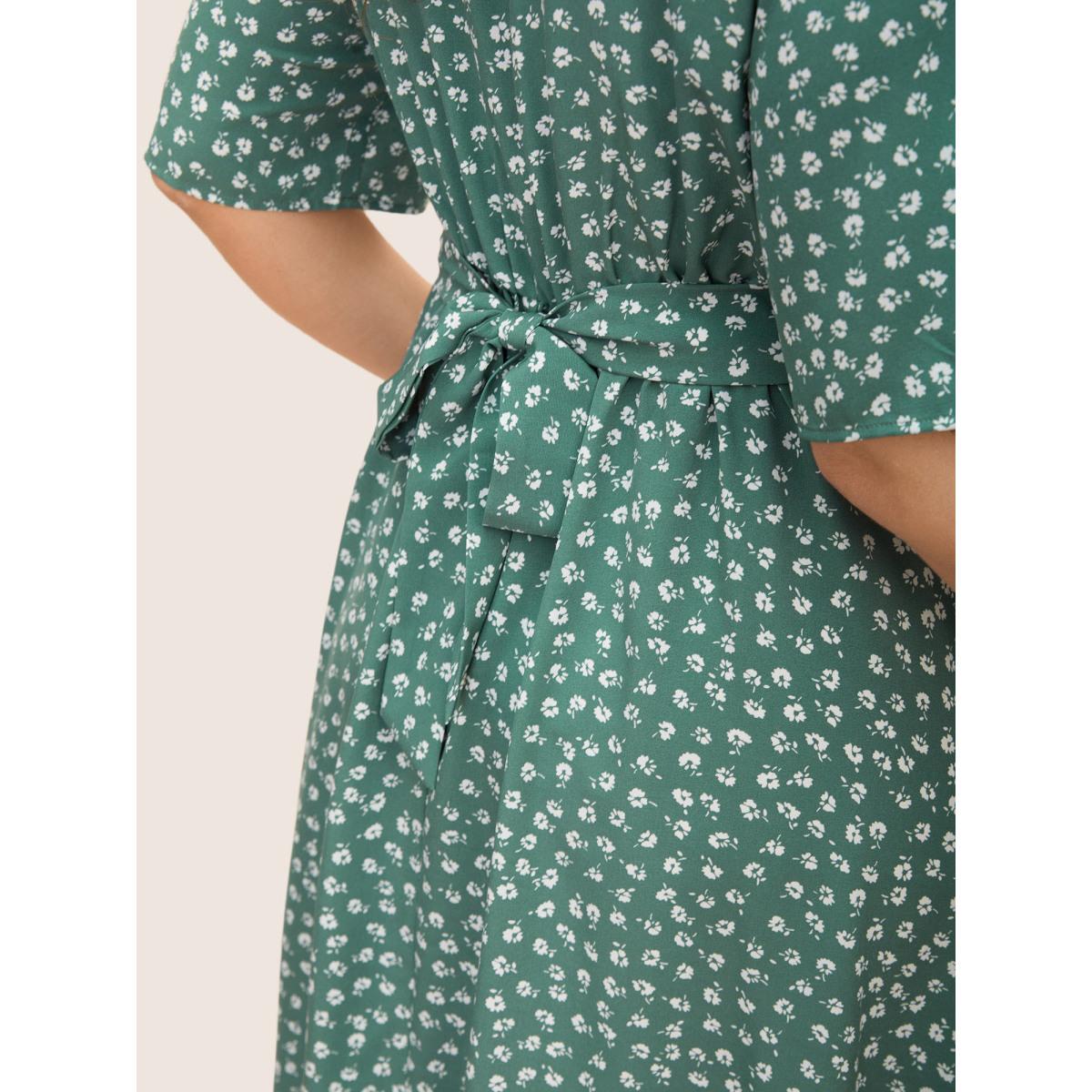 Plus Size Lapel V-Neck Midi Dress Emerald Women Elegant Tie knot Shawl collar Half Sleeve Curvy BloomChic 10/M Product Image