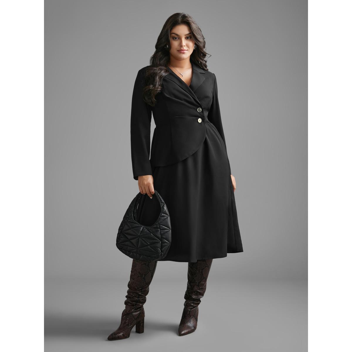 Plus Size Suit Collar Metal Detail Midi Dress Black Women At the Office Overlapping Suit Collar Long Sleeve Curvy BloomChic 28/5X Product Image