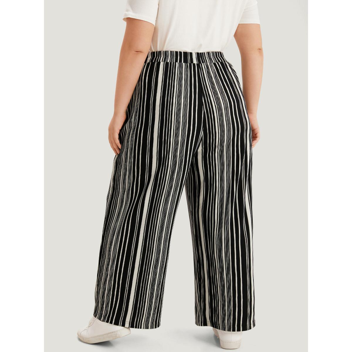 Plus Size Striped Elastic Waist Pocket Loose Pants Women Black Casual Wide Leg High Rise Dailywear Pants BloomChic 30/6X Product Image