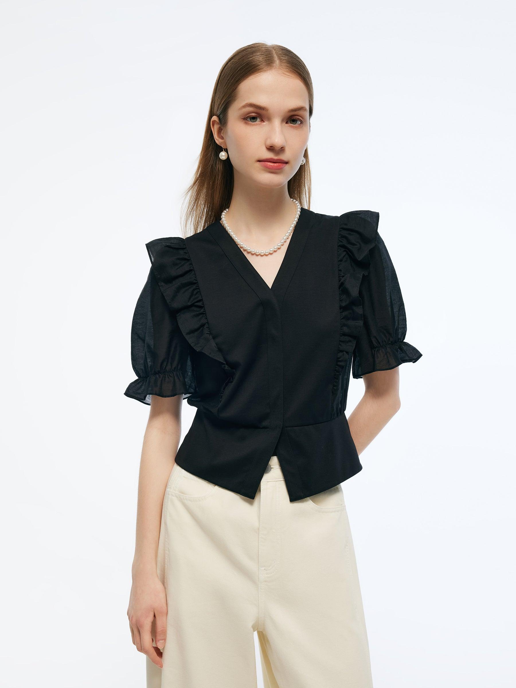 Tencel Blend Puff Sleeve Women Ruffe Patchwork Top Product Image