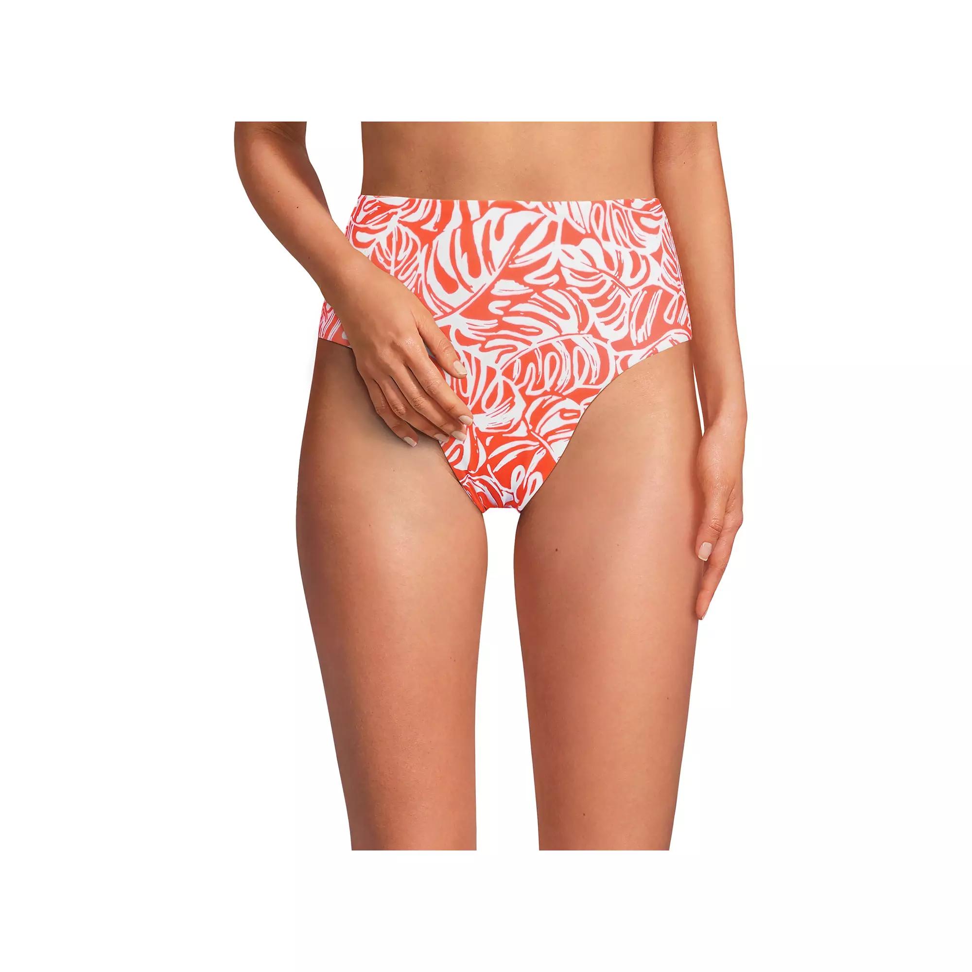 Women's Lands' End Smoothing High Waisted Bikini Bottoms, Size: 12, Orange Tropic Leaves Product Image