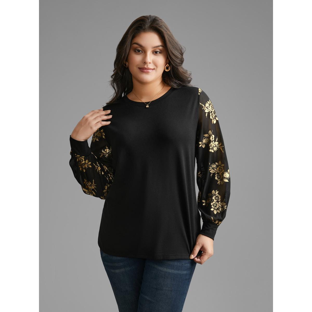 Plus Size Glitter Floral Patchwork Mesh T-shirt Black Women Elegant Contrast Natural Flowers Round Neck Everyday T-shirts BloomChic 30/6X Product Image