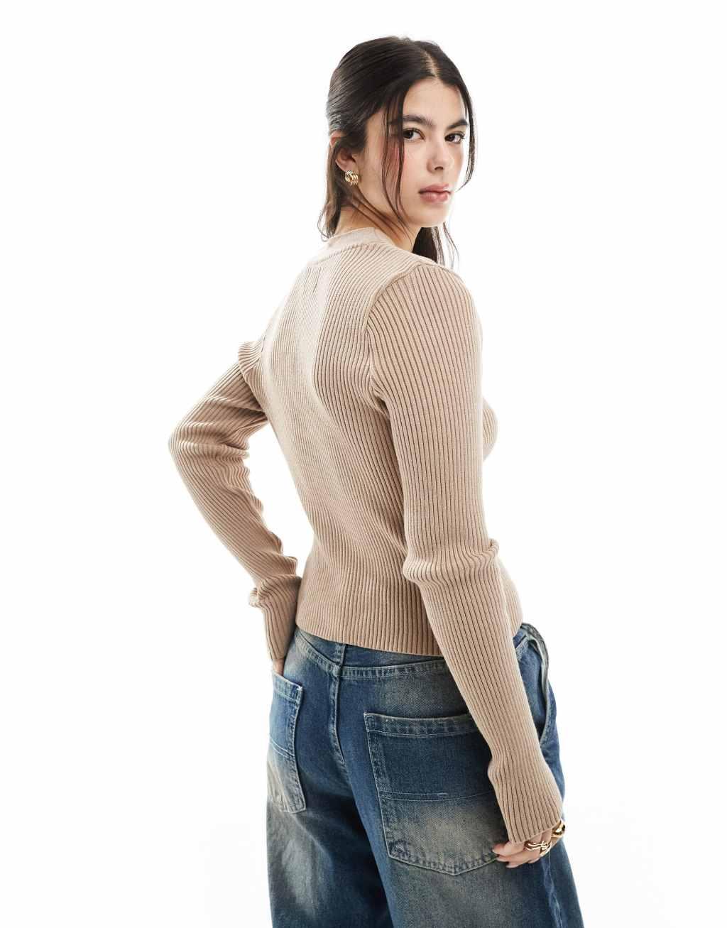 ASOS DESIGN knitted v neck rib cardigan in mocha Product Image