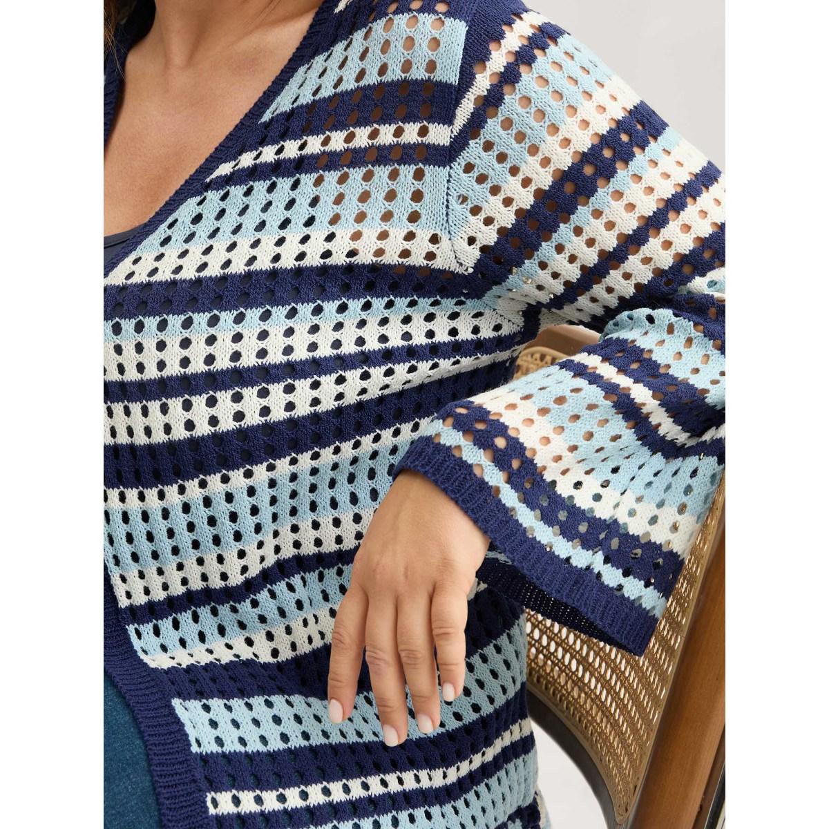 Plus Size Crochet Color Stripes Flared Sleeve Knit Cardigan Indigo Women Loose Long Sleeve Casual Cardigans BloomChic 10/M Product Image