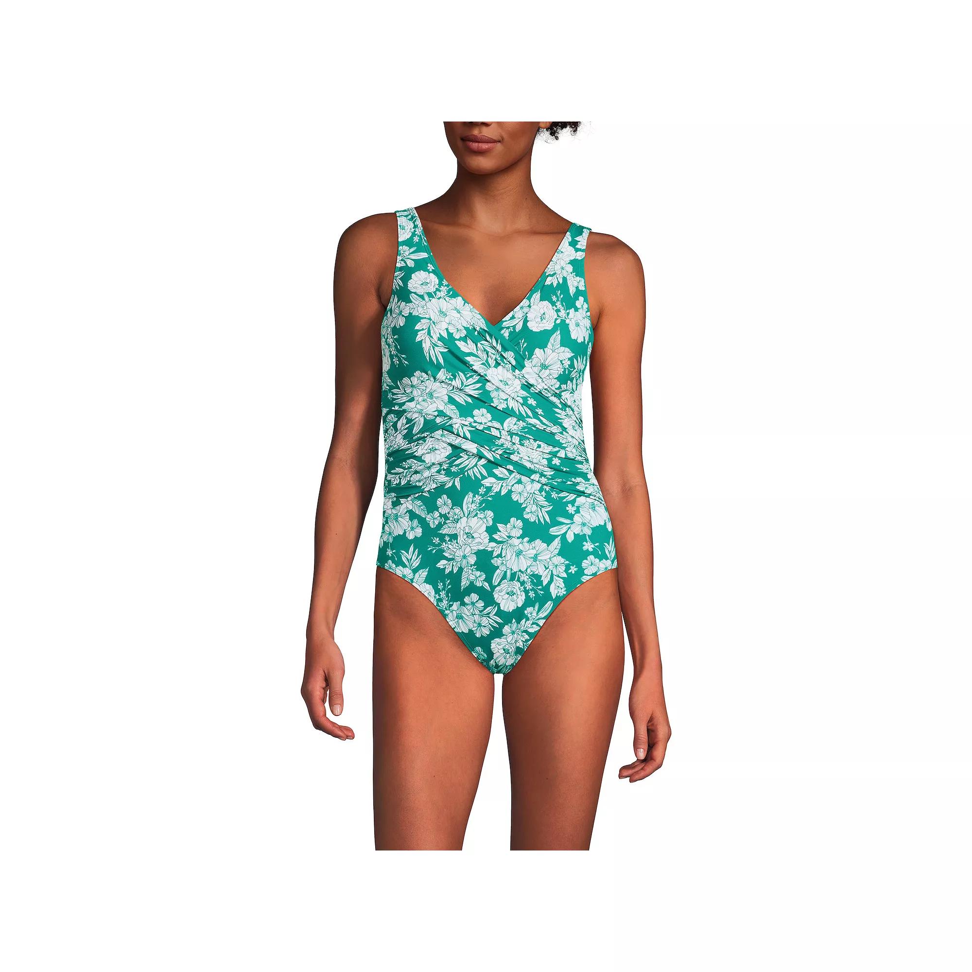 Women's Lands' End SlenderSuit Tummy Control Surplice One-Piece Swimsuit, Size: 8, Green White Floral Product Image