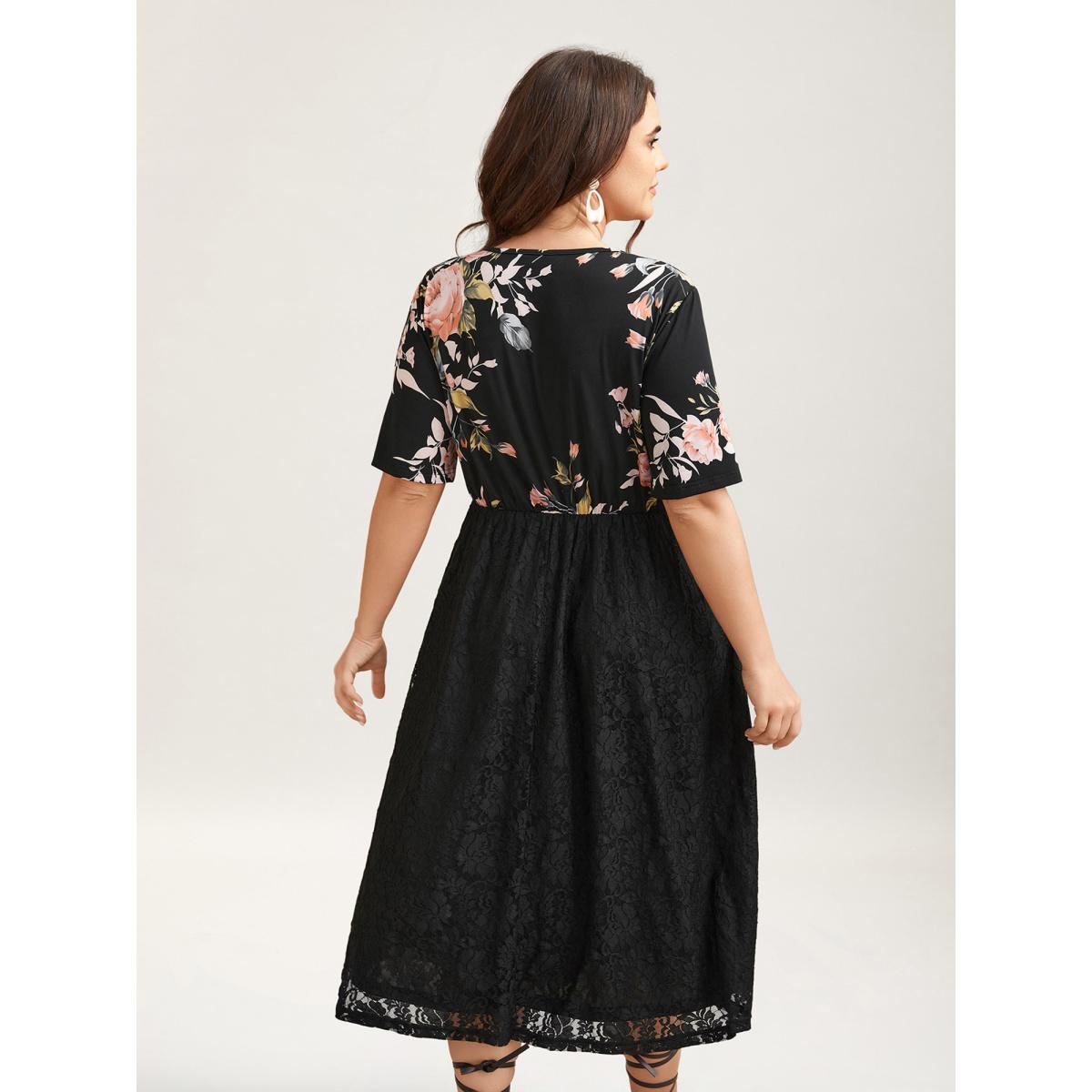 Plus Size Floral Panel Surplice Pockets Midi Dress Black Women Elegant Texture Overlap Collar Short sleeve Curvy BloomChic 12/L Product Image