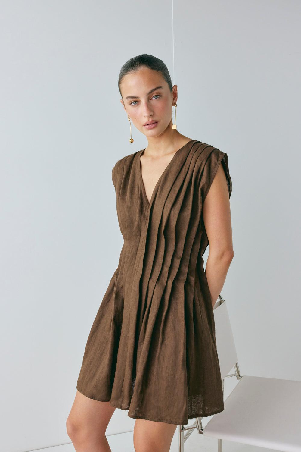 Blanca Linen Mini Dress Chocolate Product Image