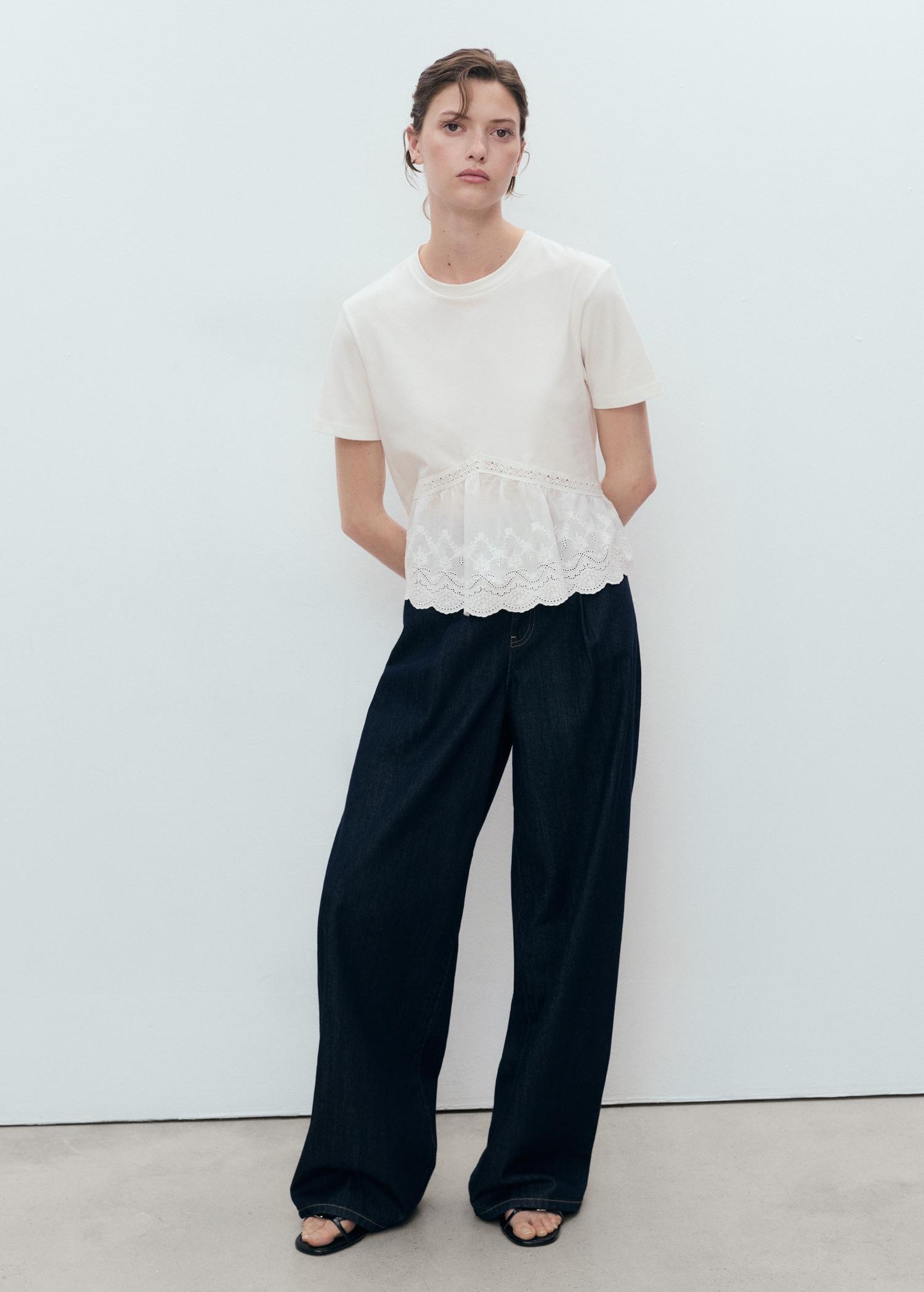 Embroidered ruffle t-shirt - Women | MANGO USA Product Image