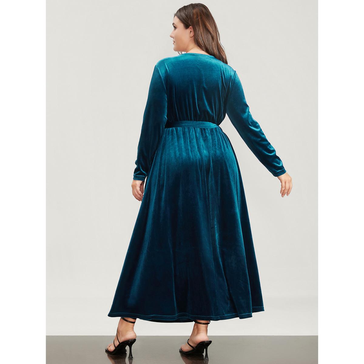 Plus Size Halloween Solid Wrap Lace Trim Pocket Belted Split Maxi Dress Aegean Women Party Patchwork V-neck Long Sleeve Curvy Long Dress BloomChic 30/6X Product Image