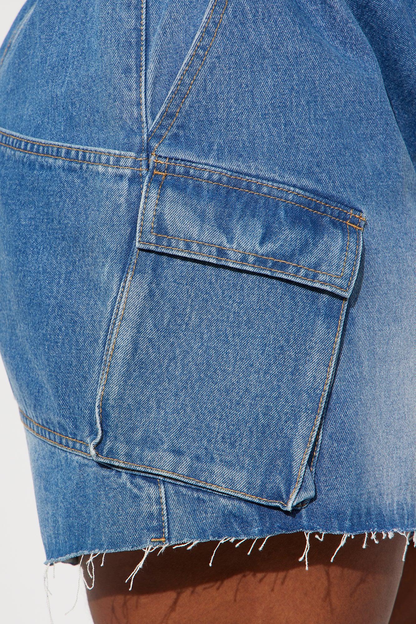 Easy Vibe Cargo Cut Off Denim Shorts - Medium Wash Female Product Image