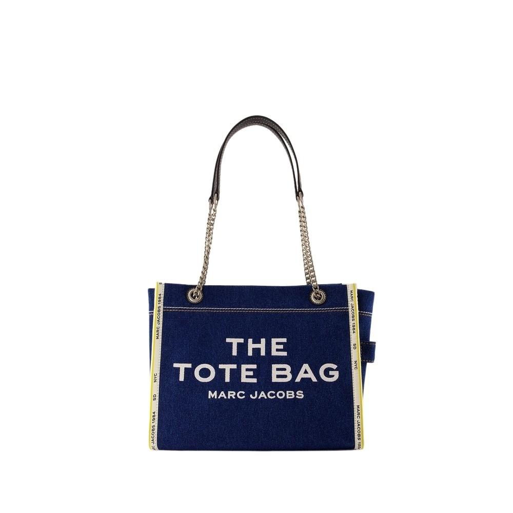 MARC JACOBS The Medium Tote In Blue Denim With Embroidered Logo In Dark Wash Product Image