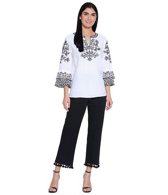 John Mark Linen Embroidered Split V-Neck 3/4 Sleeve Tunic Product Image