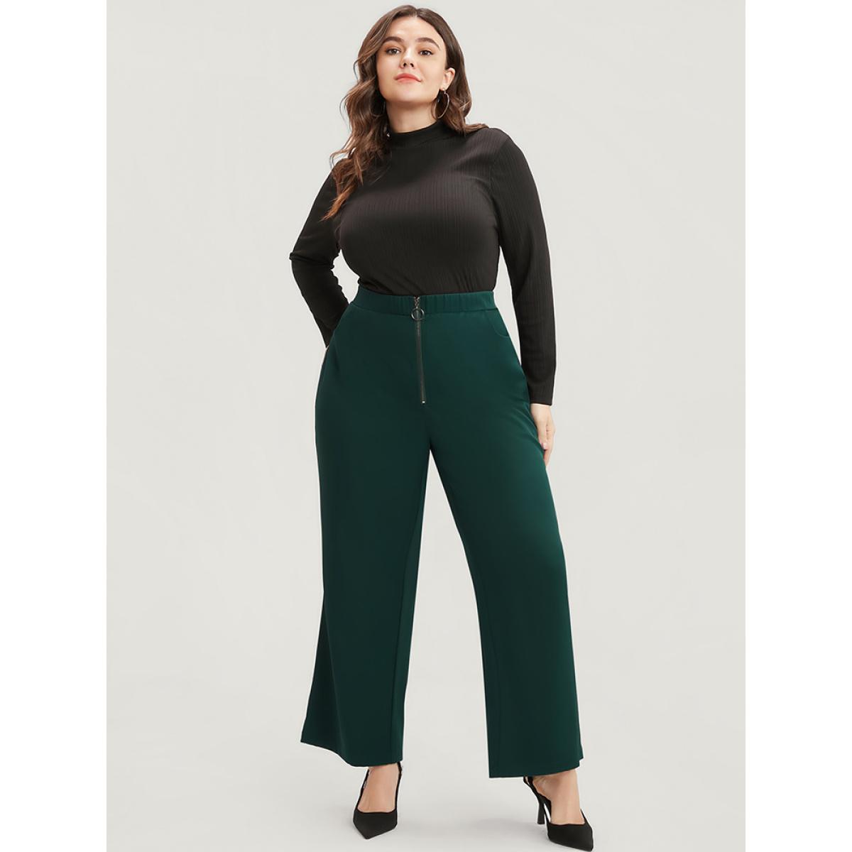 Plus Size Solid O Ring Zipper Pocket Elastic Waist Wide Leg Pants Women DarkGreen Office Wide Leg High Rise Office Pants BloomChic 26/4X Product Image