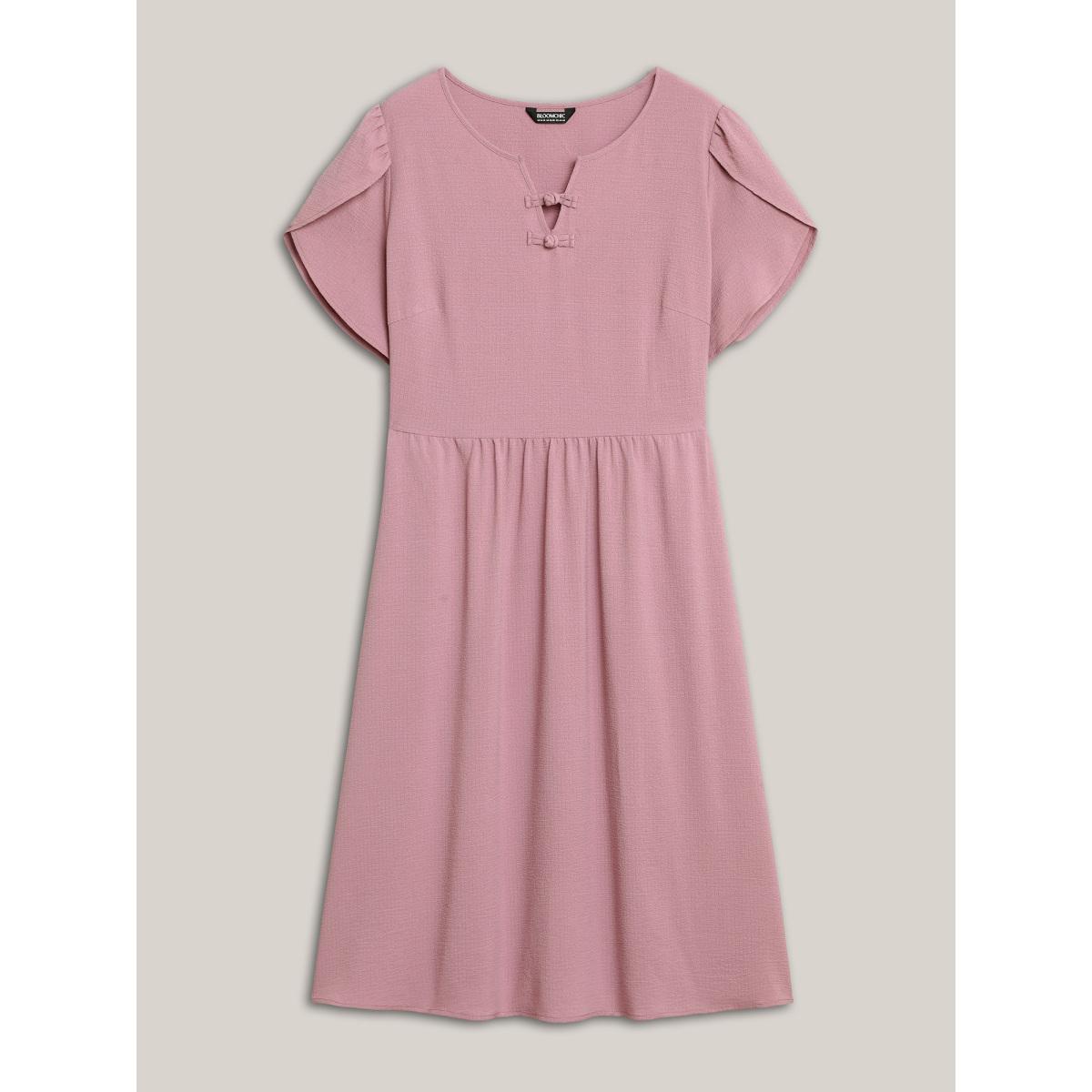 Plus Size Textured Split Neck Button Plain Midi Dress Heather Women Notched collar Short sleeve Curvy BloomChic 26/4X Product Image