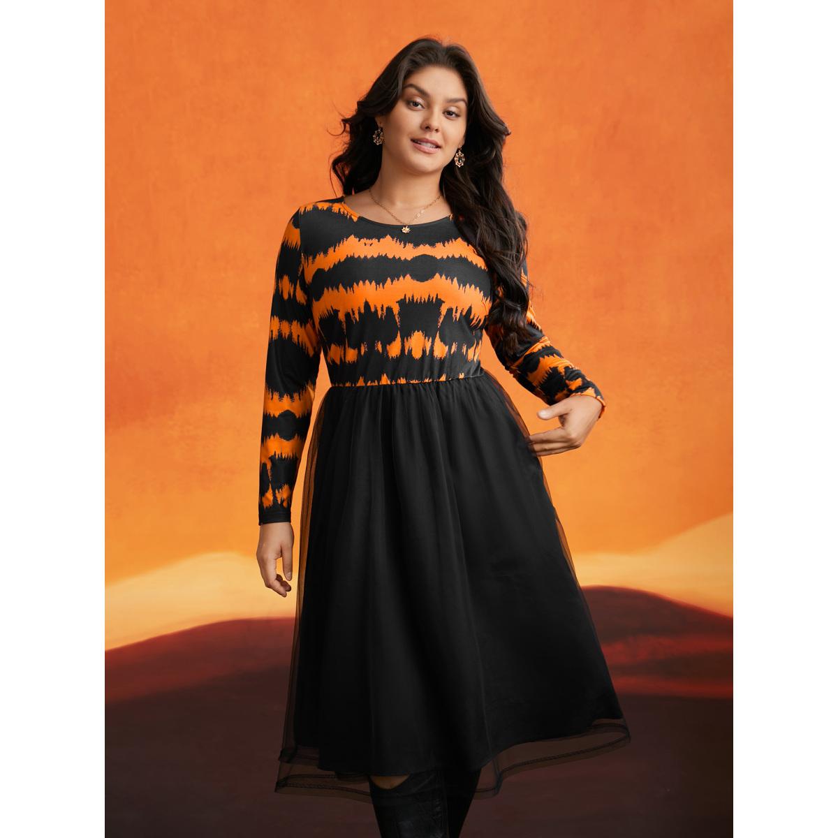 Plus Size Soft Knit And Chiffon Contrast Midi Dress Brightorange Women Cocktail Contrast Party Curvy Bloomchic 10/M Product Image