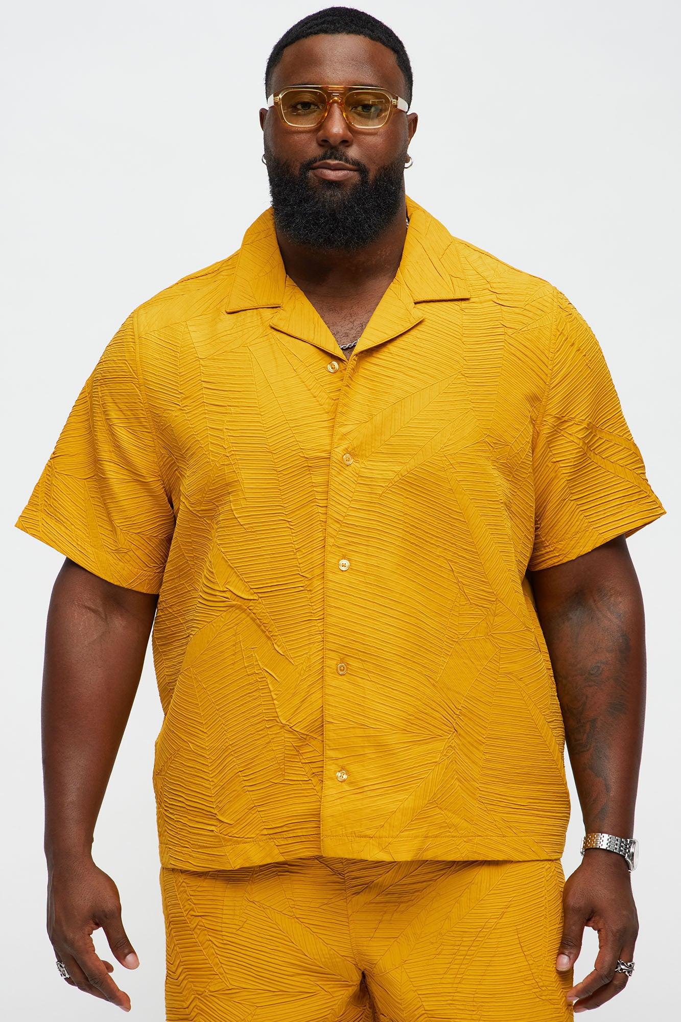 Ponce Textured Cuban Collar Button Up Shirt - Mustard Product Image