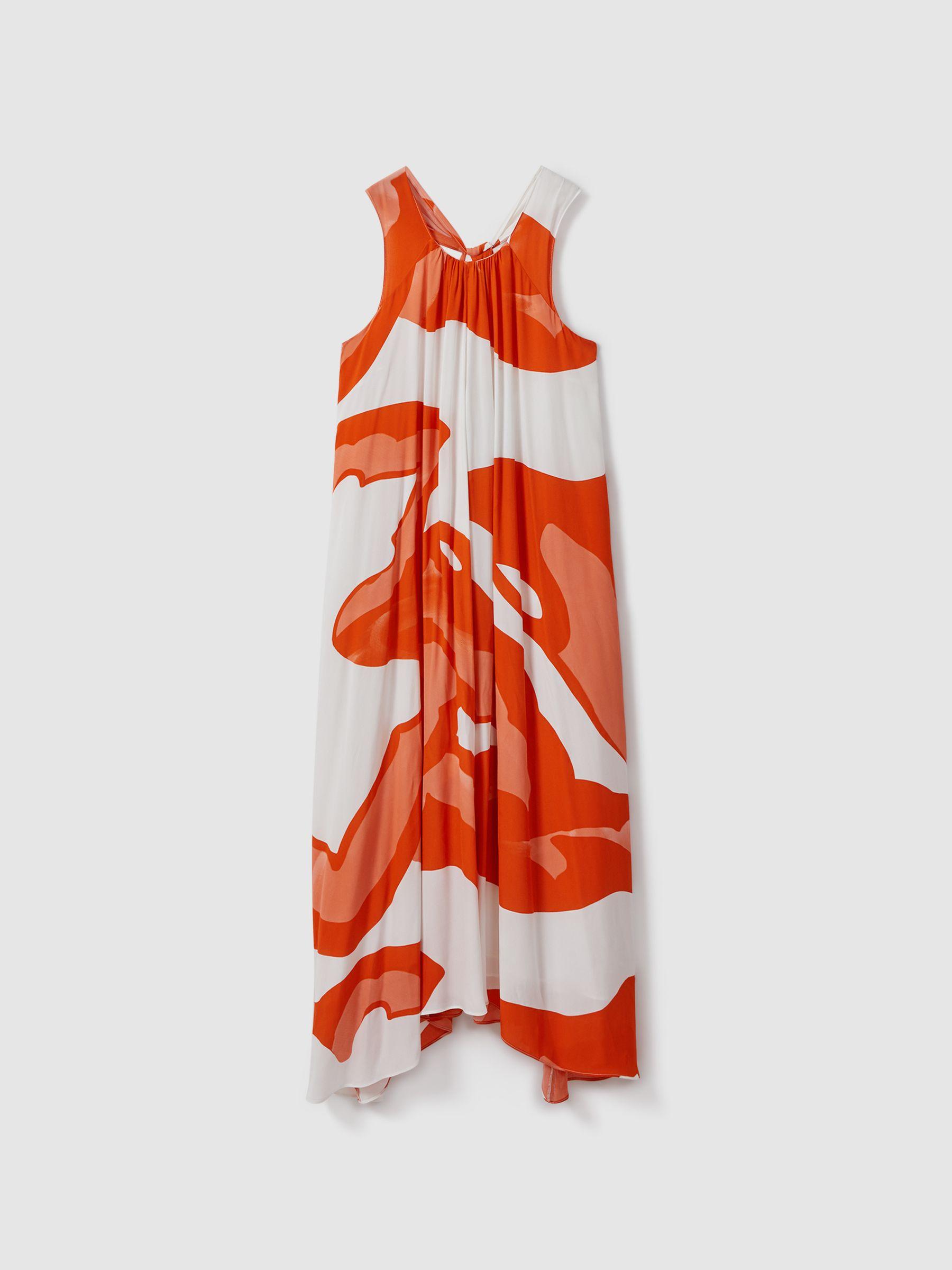 Printed Dipped Hem Midi Dress in Orange/White Product Image
