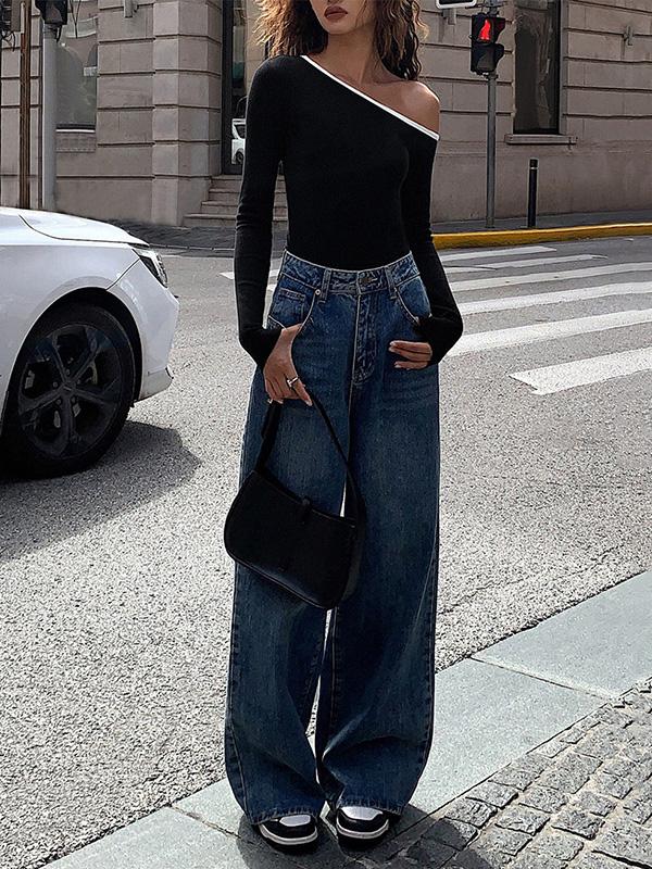 Long Sleeves Skinny Asymmetric One-Shoulder T-Shirts Tops Product Image