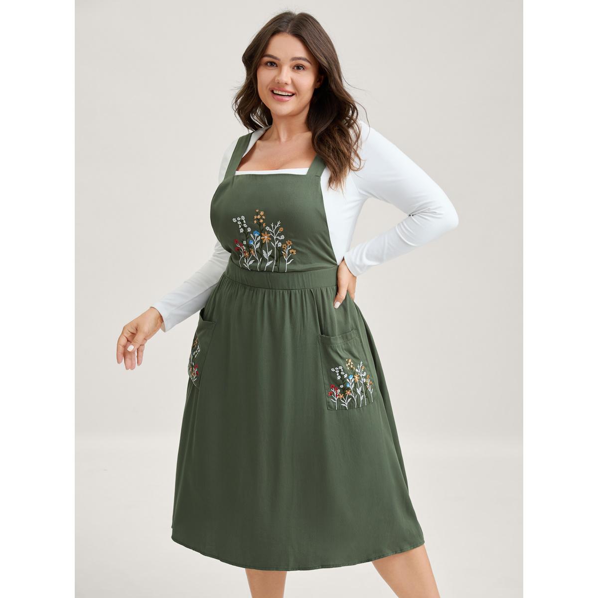 Plus Size Rayon Floral Embroidery Stretchy Waist Midi Dress ArmyGreen Women Leisure Non Sleeveless Curvy BloomChic 14-16/1X Product Image
