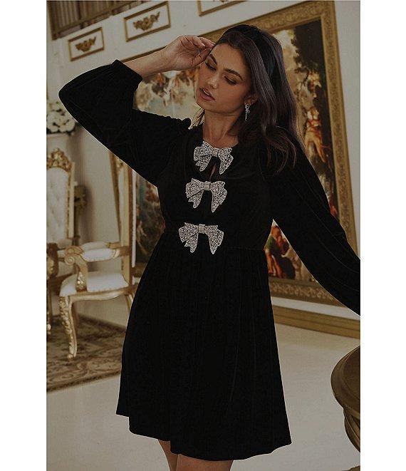 Sugarlips Glow Bow Velvet Crew Neck Long Sleeve Mini Dress Product Image