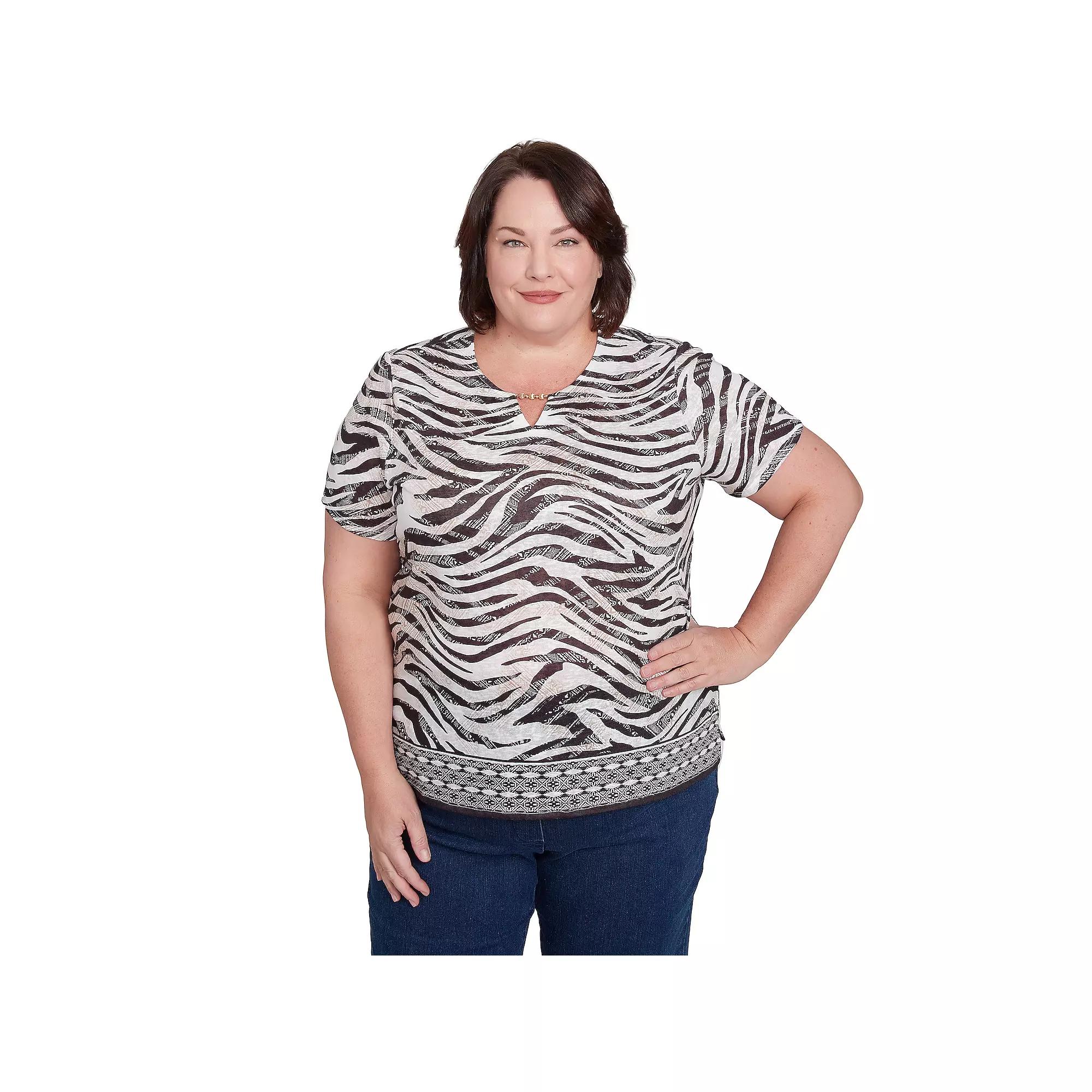 Plus Size Alfred Dunner Beaded Splitneck Animal Print Top, Women's, Size: 1XL, Black And Product Image