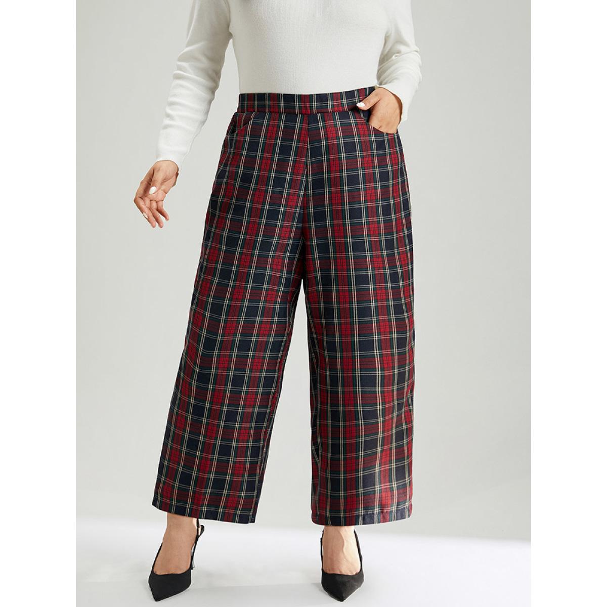 Plus Size Plaid Elastic Waist Pocket Straight Leg Pants Women Multicolor Elegant Straight Leg High Rise Festival-Christmas Pants BloomChic 14-16/1X Product Image