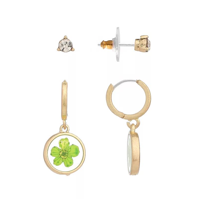 Bella Uno Worn Gold Cubic Zirconia Stud & Green Pressed Flower Charm Hoop Earring 2-piece Set, Women's, Gold Tone Product Image