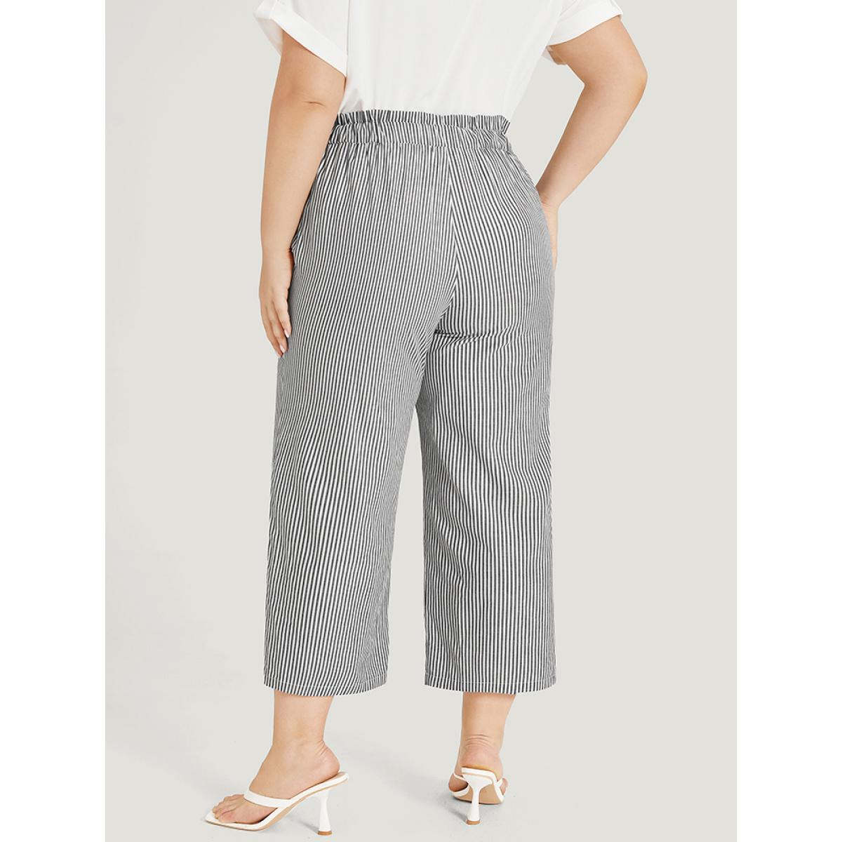 Plus Size Striped Pocket Button Detail Paperbag Waist Pants Women Black Office Straight Leg High Rise Office Pants BloomChic 26/4X Product Image