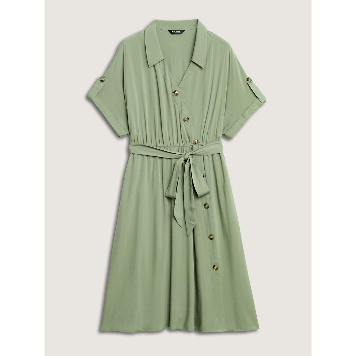 Plus Size Rayon Button Detail Belted Pockets Midi Dress ArmyGreen Women Shirt collar Short sleeve Curvy BloomChic 14-16/1X Product Image