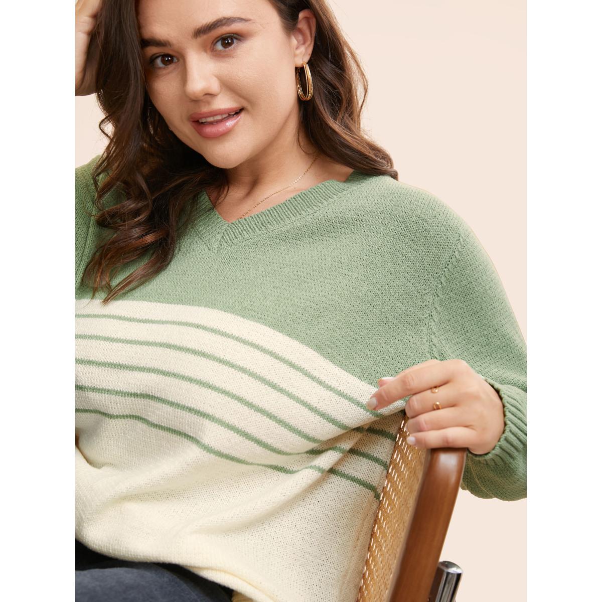 Plus Size V Neck Striped Patchwork Pullover LightGreen Women Casual Long Sleeve V-neck Everyday Pullovers BloomChic 14-16/1X Product Image