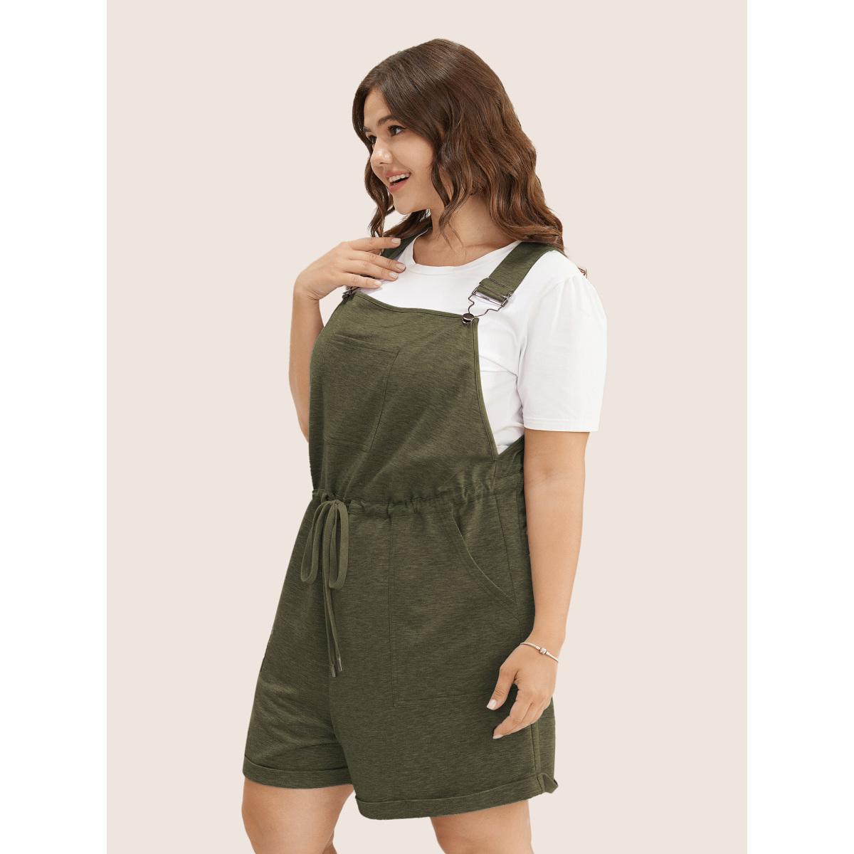 Plus Size ArmyGreen Solid Pocket Drawstring Overall Romper Women Casual Sleeveless Non Everyday Loose Jumpsuits BloomChic 30/6X Product Image