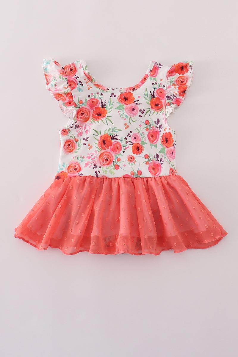 Coral floral print swiss dot leotard Product Image