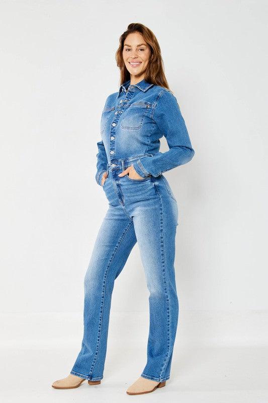 88719   Calista Hi-Rise Long Sleeve Slim Straight Leg Jumpsuit by Judy Blue Jeans Product Image