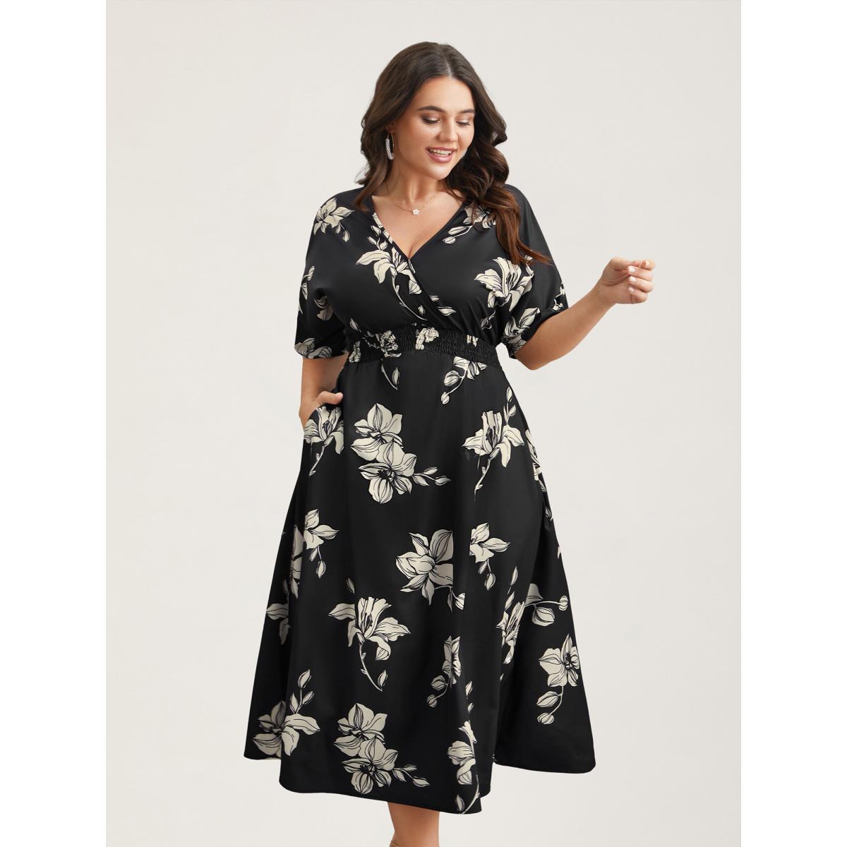 Plus Size Silhouette Floral Print Shirred Waist Midi Dress BlackFlower Women Elegant Shirred Overlap Collar Short sleeve Curvy BloomChic 12/L Product Image