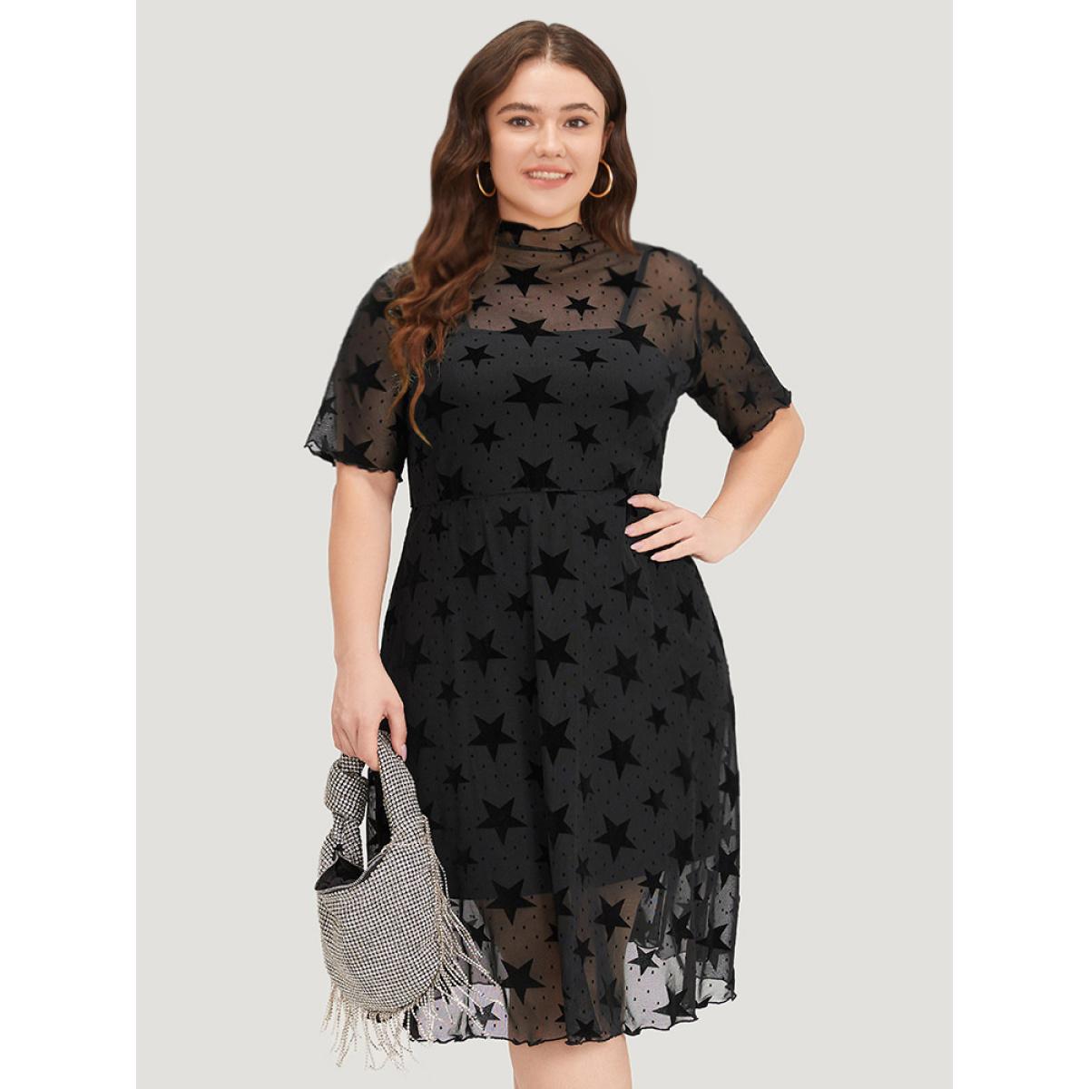 Plus Size Star Graphic Mesh Elastic Waist Midi Dress Black Women Glamour See through Round Neck Short sleeve Curvy Midi Dress BloomChic 28/5X Product Image