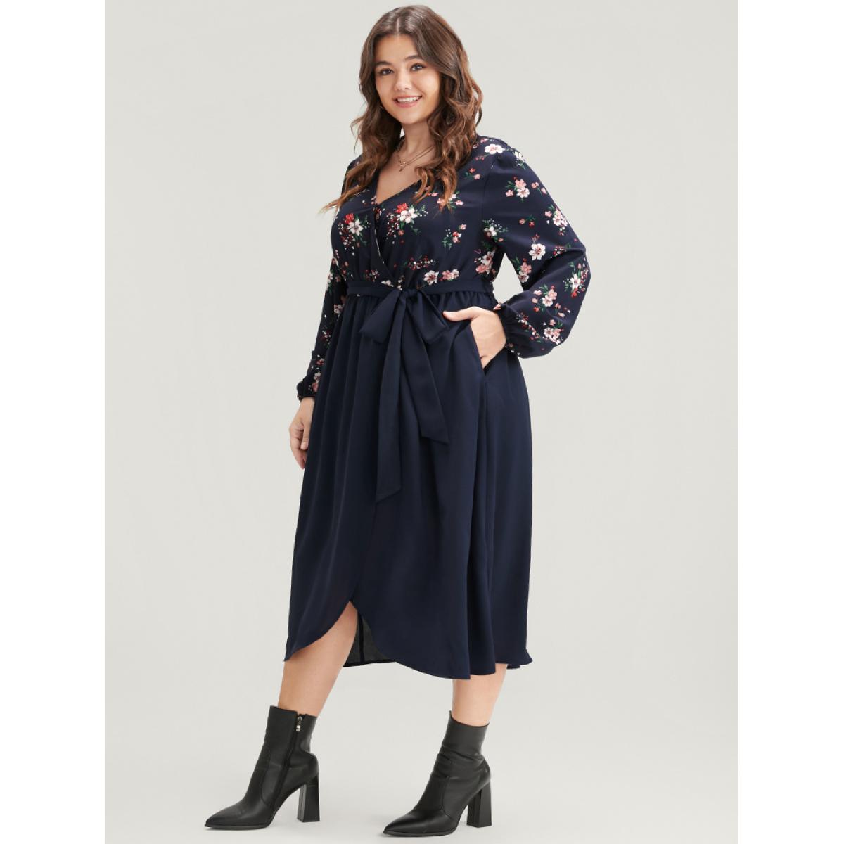 Plus Size Floral Print Wrap Pocket Belted Split Dress DarkBlue Women Elegant Elastic Waist V-neck Long Sleeve Curvy Midi Dress BloomChic 12/L Product Image