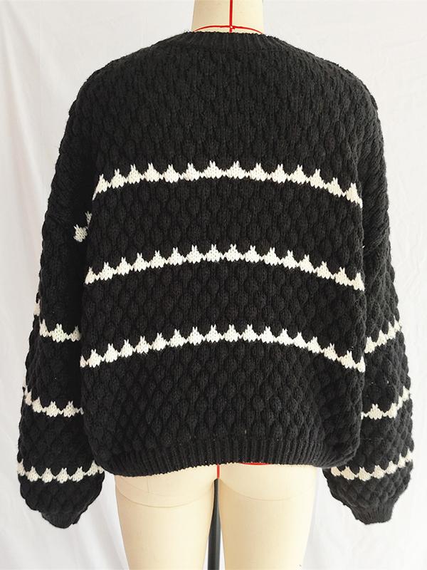 Loose Puff Sleeves Split-Joint Round-Neck Sweater Tops Product Image
