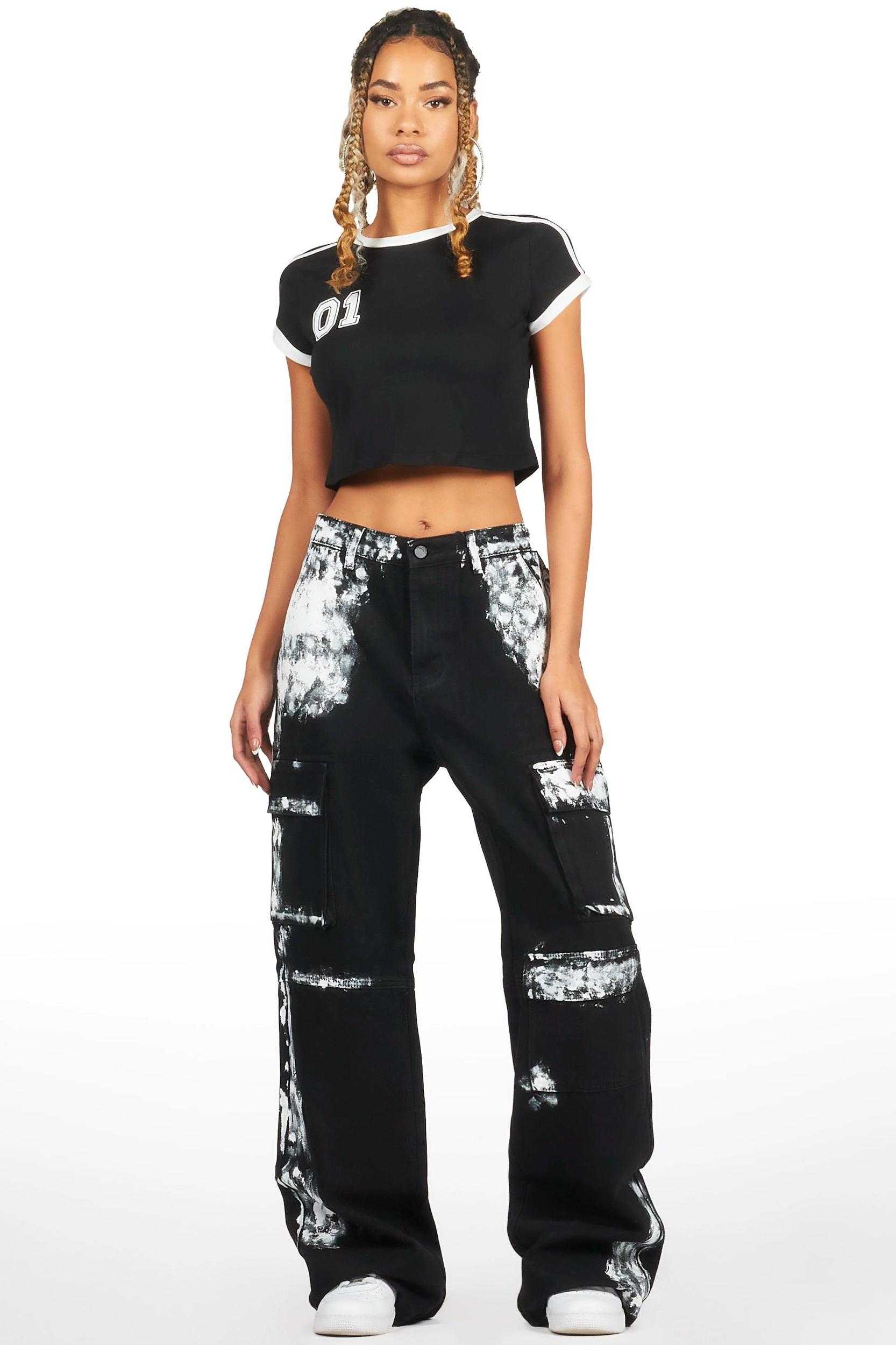 Roniqua Black Painted Baggy Cargo Jean Female Product Image