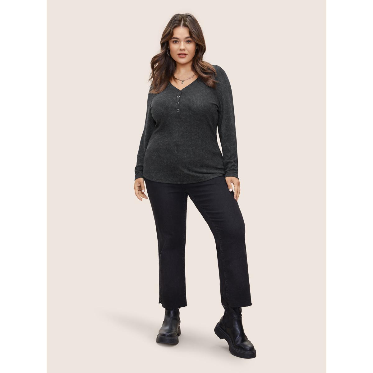 Plus Size Vintage Textured Button Up T-shirt Black Women Casual Texture Plain V-neck Everyday T-shirts BloomChic 12/L Product Image