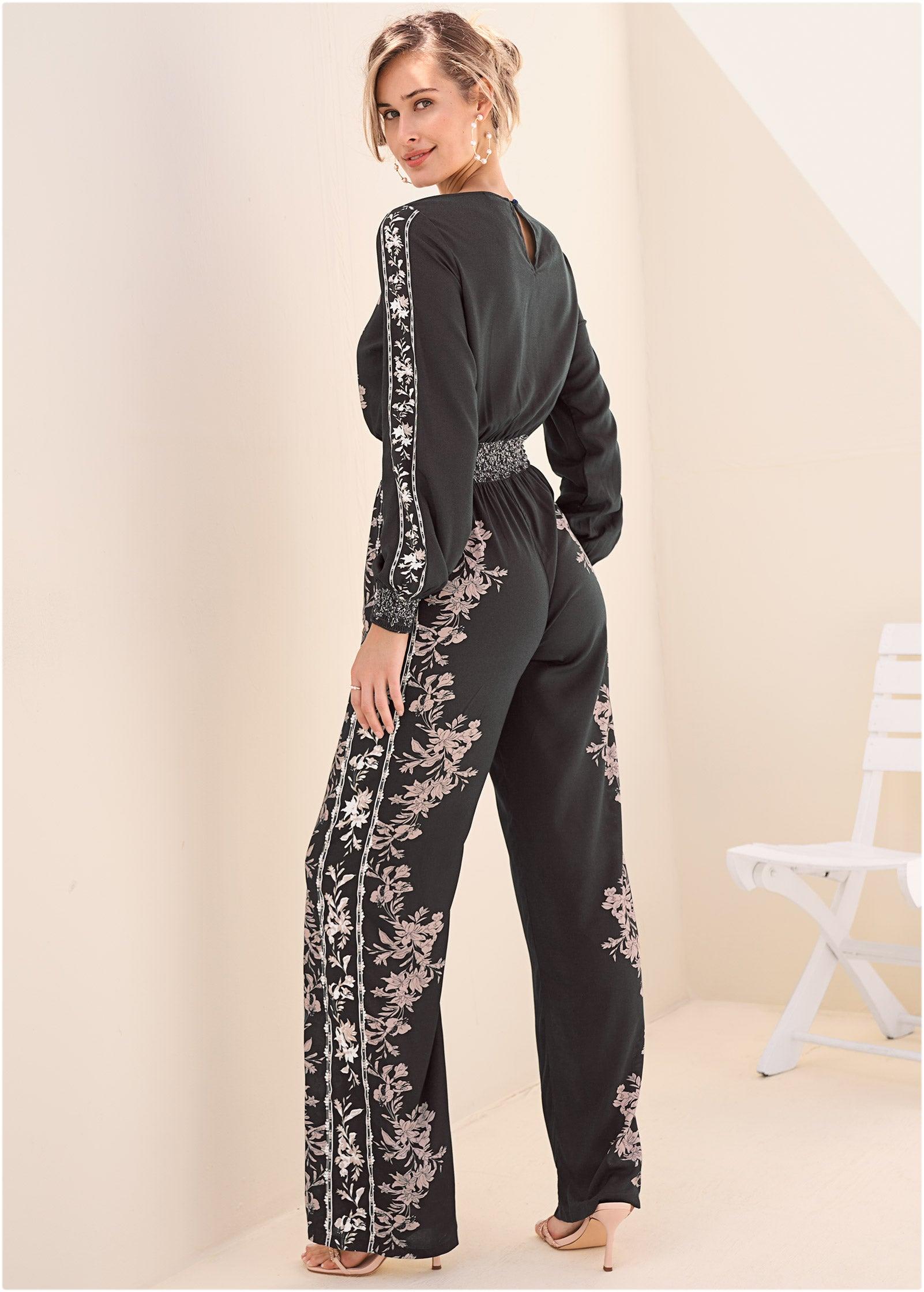 Leaf Print Smocked Jumpsuit - Black Multi Product Image