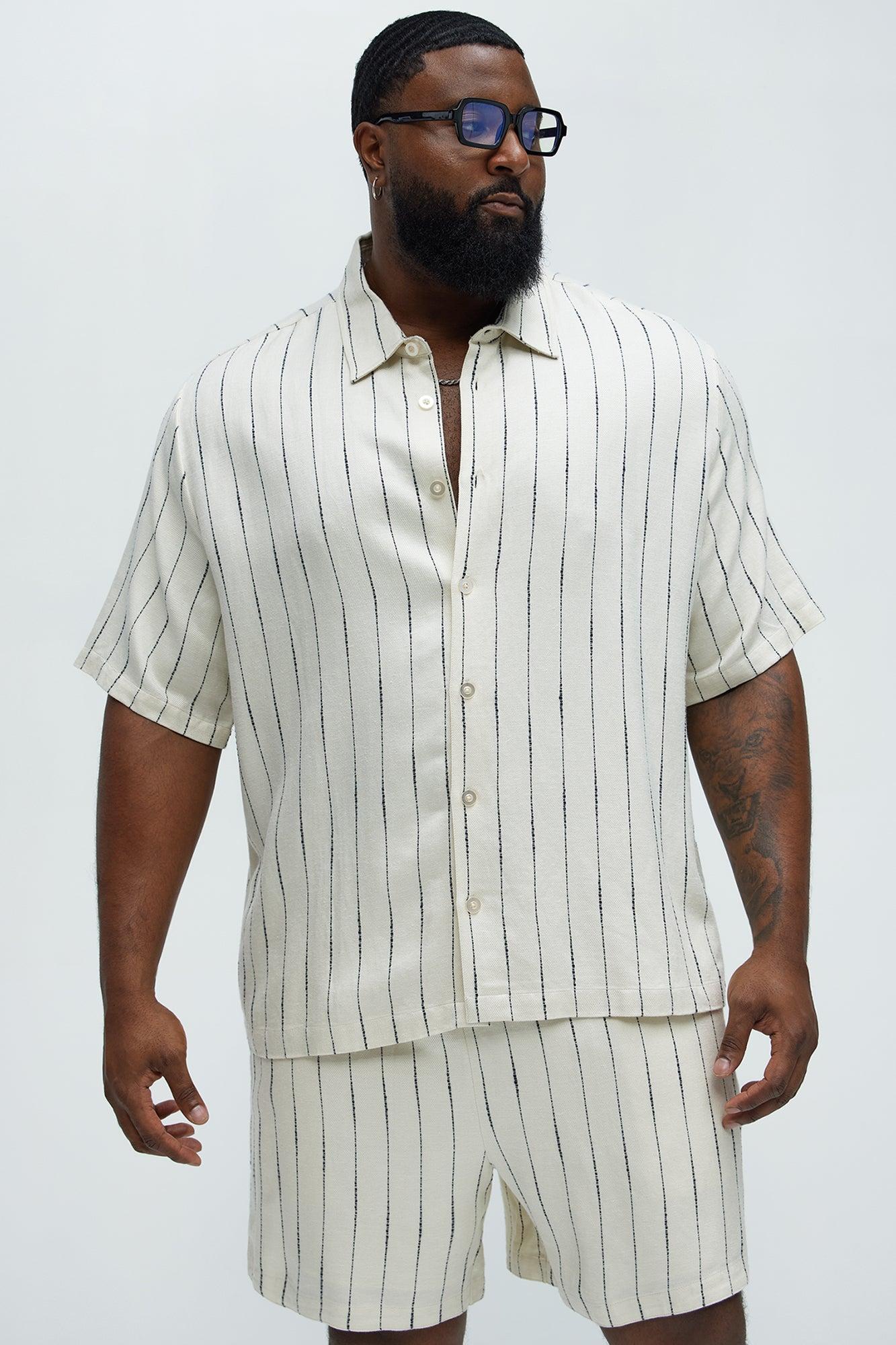 Slub Striped Linen Short Sleeve Button Up - Cream/combo Product Image