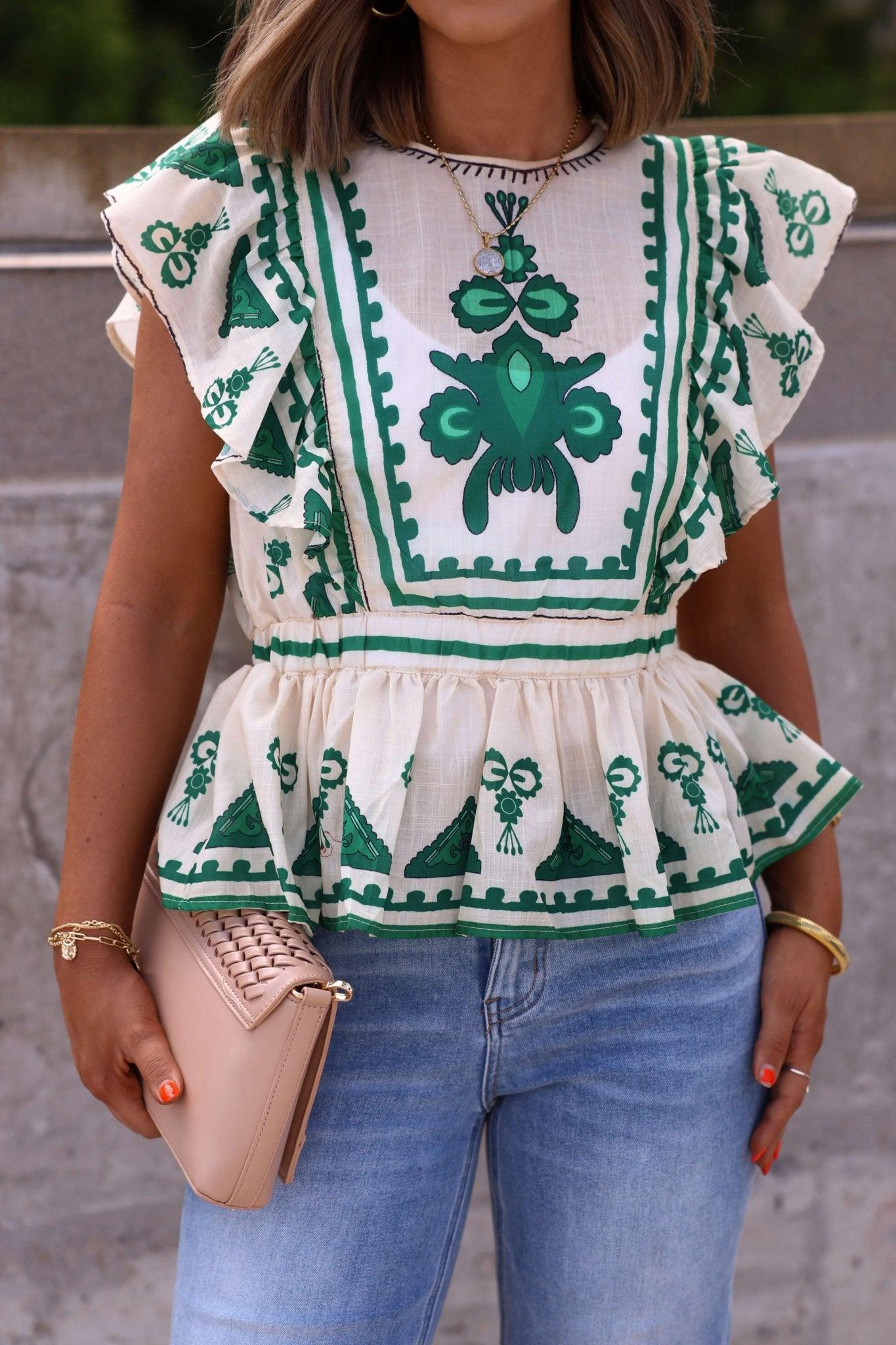 Eliza Green Multi Print Peplum Top - FINAL SALE Product Image