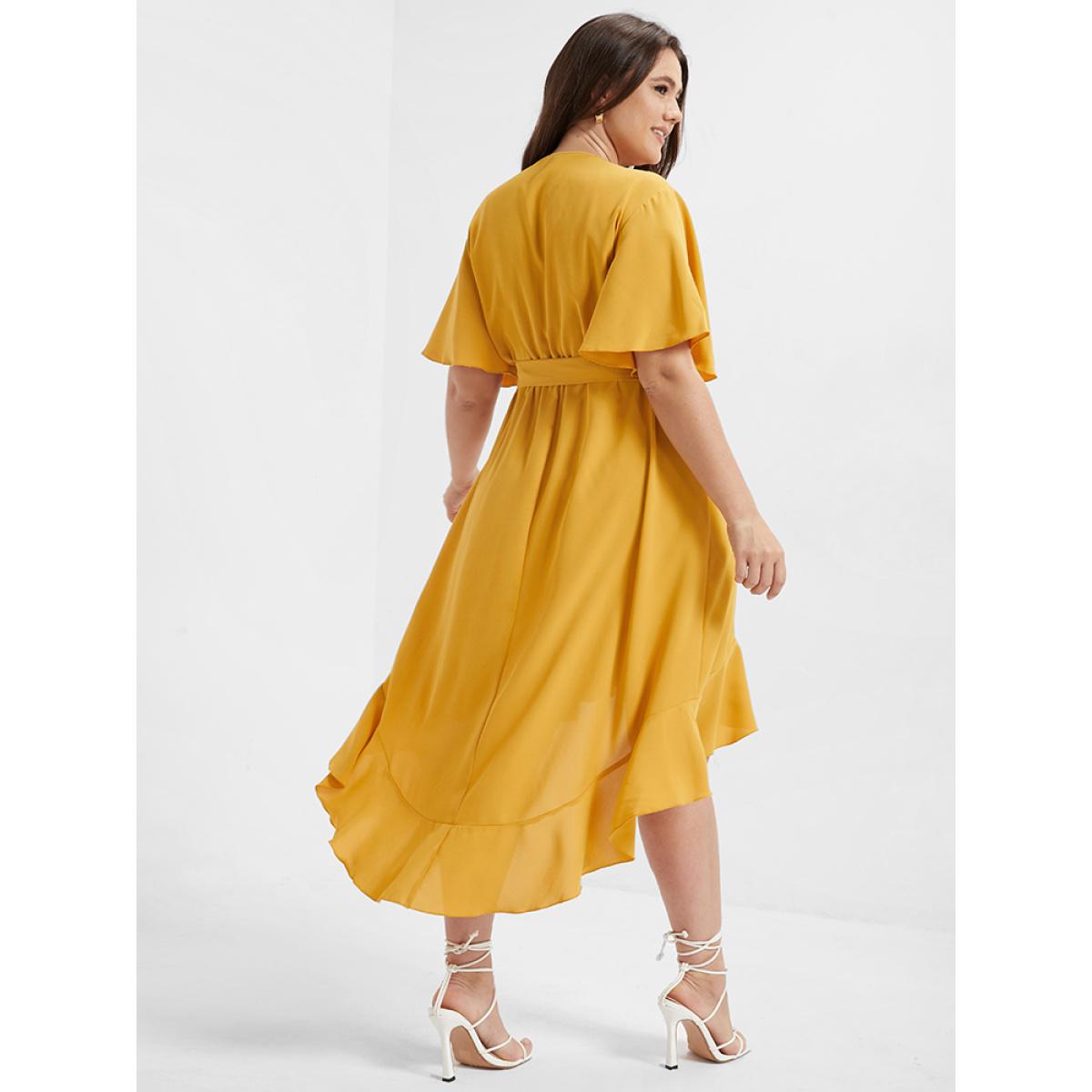 Plus Size Bloom Dress - Solid Tie Surplice Ruffle High Low Dress Yellow Women Elegant Cross straps V-neck Short sleeve Curvy Midi Dress BloomChic 30/6X Product Image