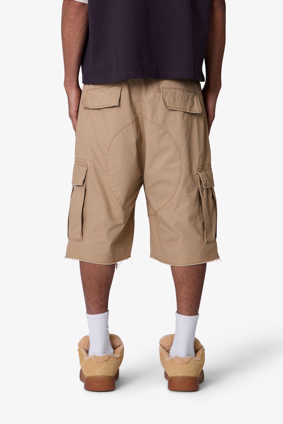 Baggy Distressed Cargo Shorts - Washed Khaki Product Image