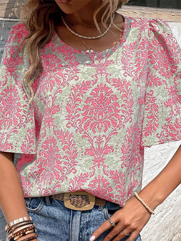 Half Sleeves Loose Flower Print Round-Neck T-Shirts Tops Product Image
