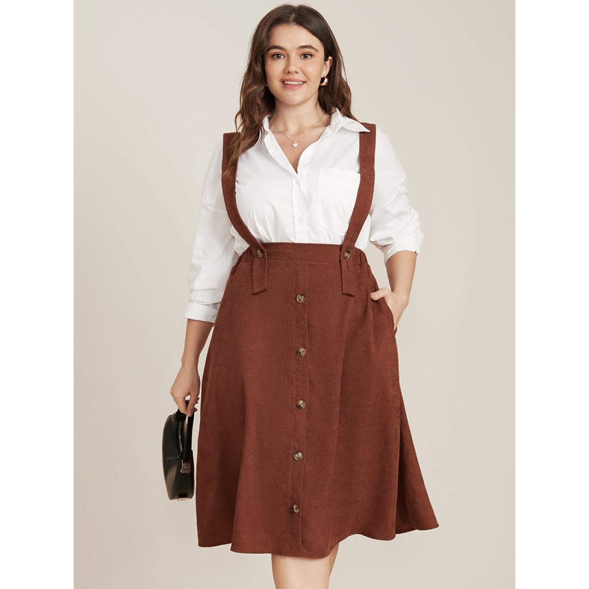 Plus Size Solid Button Detail Pocket Corduroy Suspender Skirt Women Brown Elegant Plain Loose No stretch Pocket Dailywear Skirts BloomChic 10/M Product Image