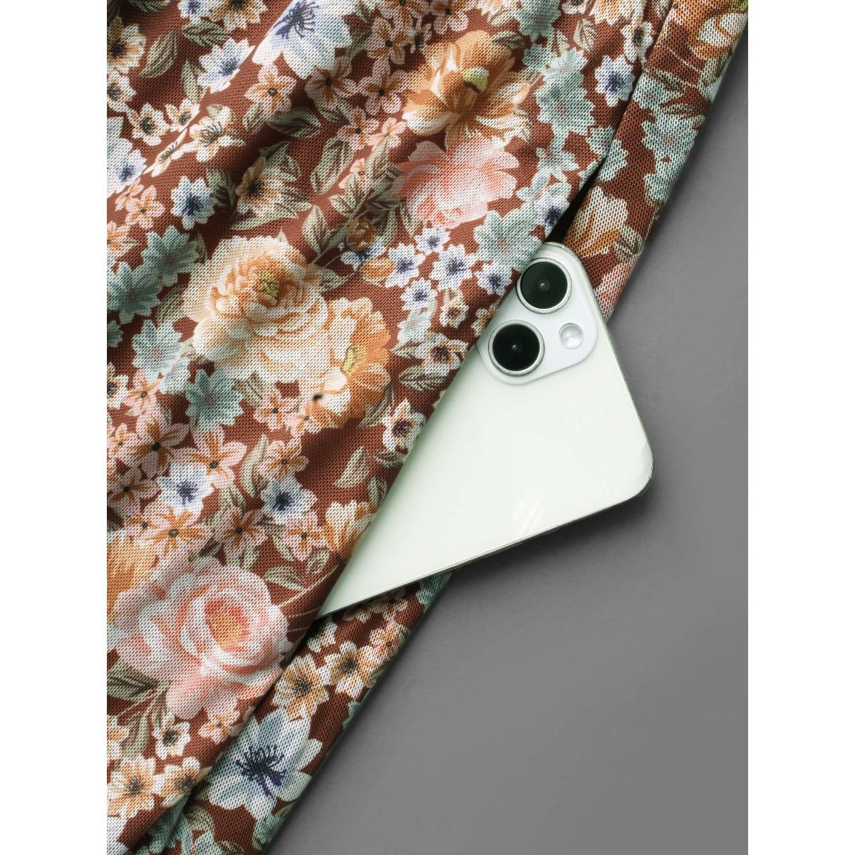 Plus Size Square Neck Floral Ties Midi Dress Browncoffeecolor Women Elegant Tie knot Knit Dresses Bloomchic 14-16/1X Product Image