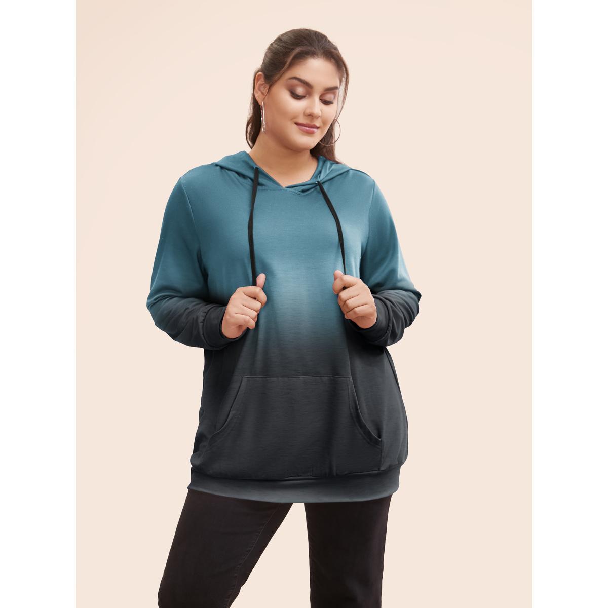 Plus Size Ombre Pocket Drawstring Hooded Sweatshirt Women Teal Casual Elastic cuffs Hooded Everyday Sweatshirts BloomChic 14-16/1X Product Image