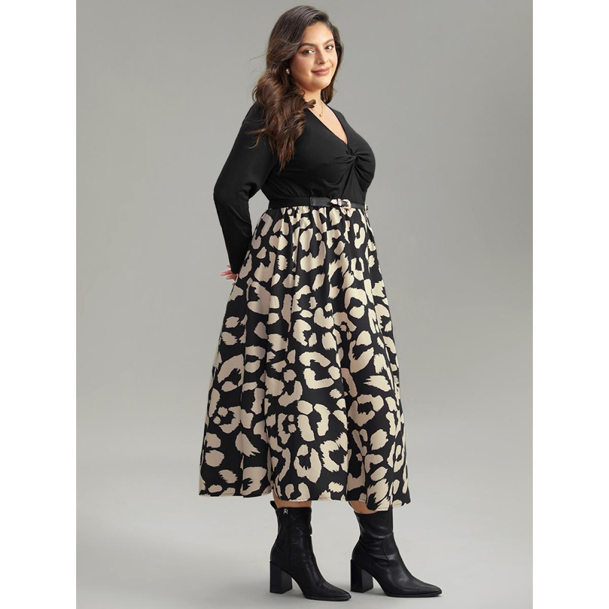 Plus Size Leopard Patchwork Pocket Twist Front Dress Black Women At the Office Printed V-neck Long Sleeve Curvy Midi Dress BloomChic 10/M Product Image